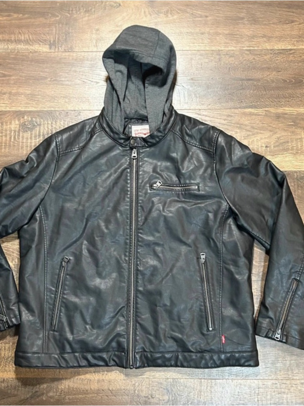 Levi Mens XXL Black Faux Leather Moto Jacket Quilted Lined Hooded